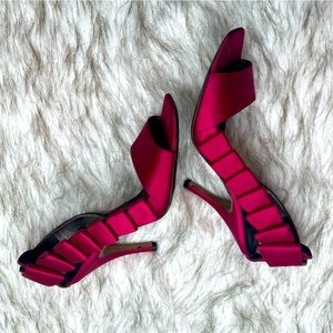 Salvatore Ferragamo Side Ruffle High Heel Slingbacks in Pink Satin 
Size 6.5